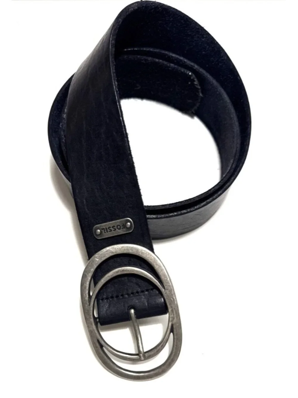 Fossil Black Leather Belt with Silver Metal Buckle Size Medium